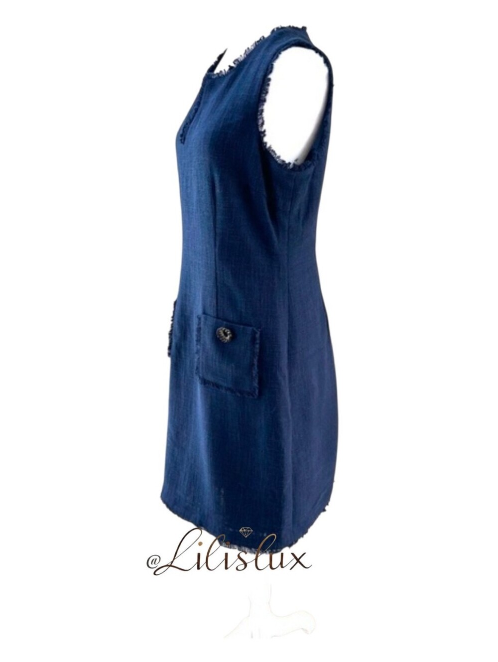 KARL LAGERFELD PARIS Sleeveless Tweed Fringe Sheath Dress Navy Size 10 EUC - Picture 6 of 15